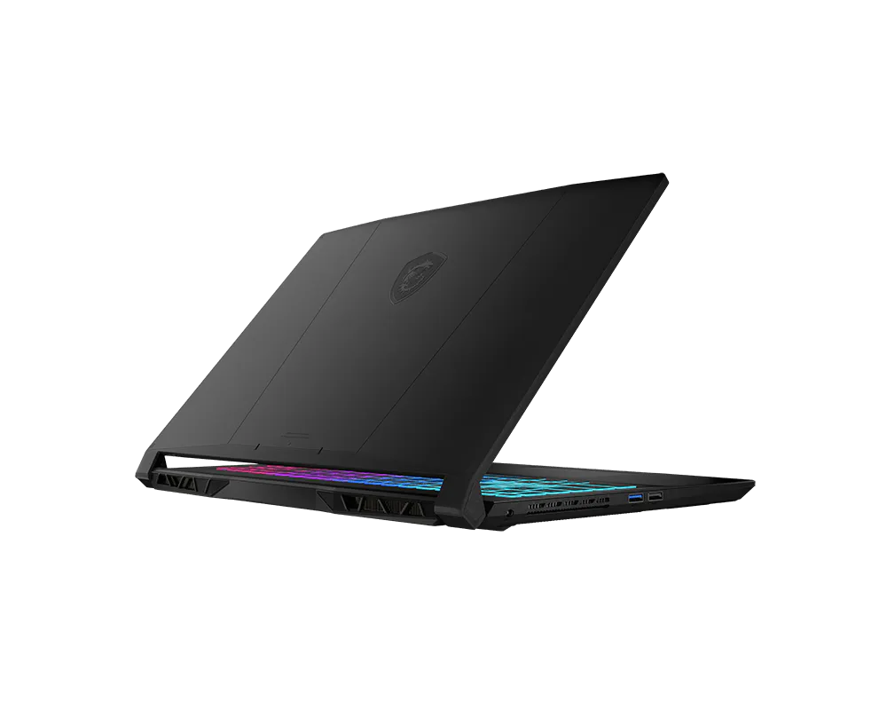 MSI Thin 15 laptop in black, lid part open, keyboard lit